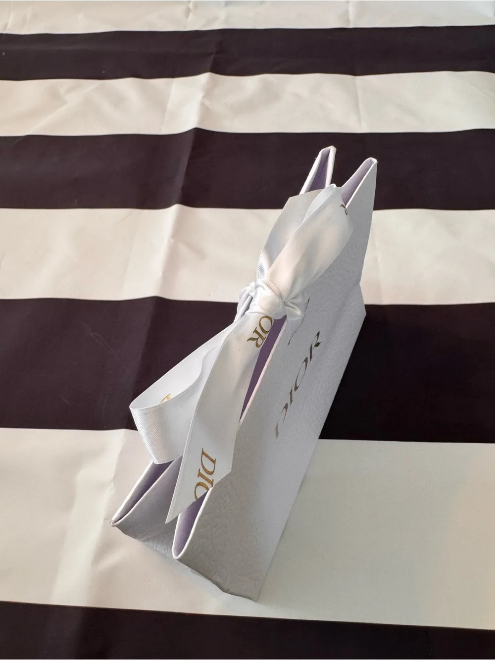 Dior White Textured Gift Bag with Gold Logo and Ribbon